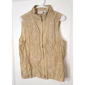 Chicos Womens sz 2 sleeveless vest zipper smocked Gold metallic rutched